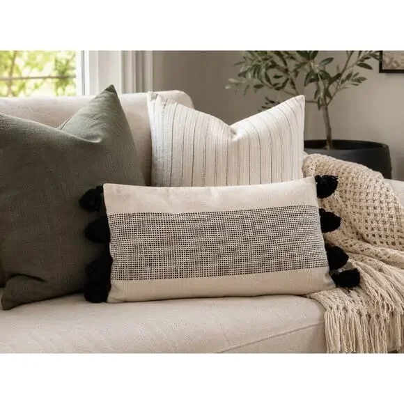 Boho Lumbar Pillow Cover Cream Black Tassel Woven 15x24 Farmhouse Decor