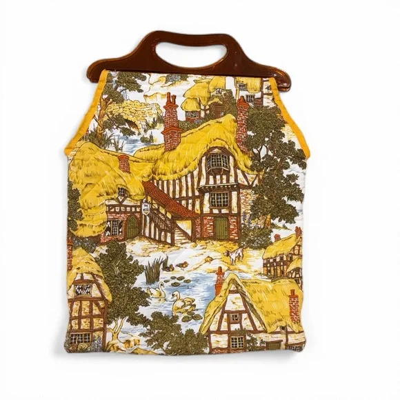 Vintage Cotswold Quilted Tote English Village Bull Inn Lucite Handle Large‎