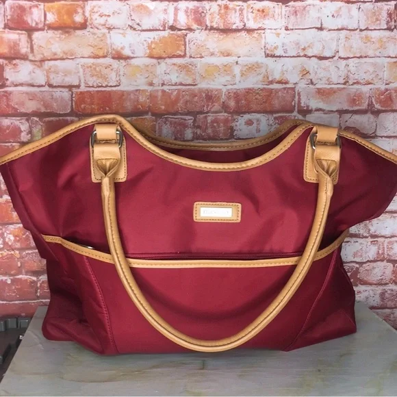 Ellen Tracy Red and Tan Nylon Laptop Shoulder Bag