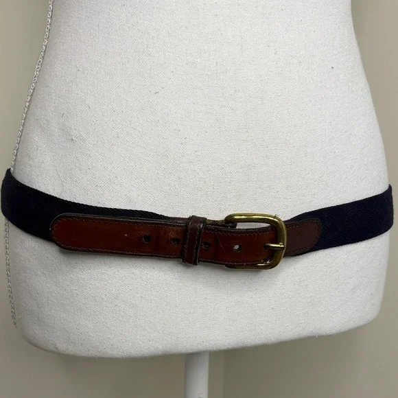 Vintage Brown and Navy Belt with Brass Buckle. Fabric & Leather. 36