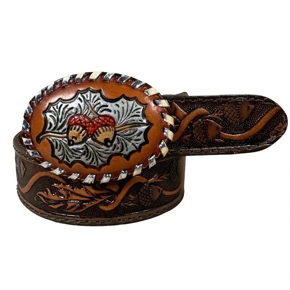 Brushy Creek Mens Brown Tooled Leather Belt Tony Lama Buckle Acorn Oak‎ Leaf 32