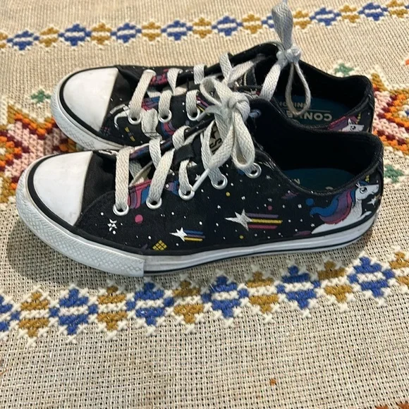 Converse Unicorn Print Black Low Top Sneakers Youth 2 Rainbow Stars Cosmic