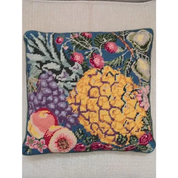 Handmade Fruit Needlepoint Pillow - Blue Background Yellow Pineapple Vintage