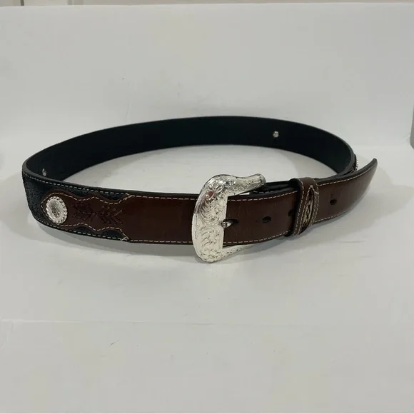 Nocona Western Genuine Leather With Silver Buckle Geometric Stitch Belt Size 38