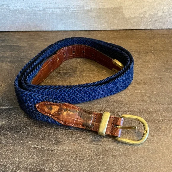 Men's Blue Brown‎ Stretch Woven Belt Size 46 Preppy Casual Classic Brass Buckle