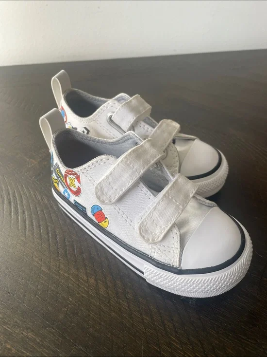 Converse Toddler White Canvas Velcro Sneakers with Sports Decals