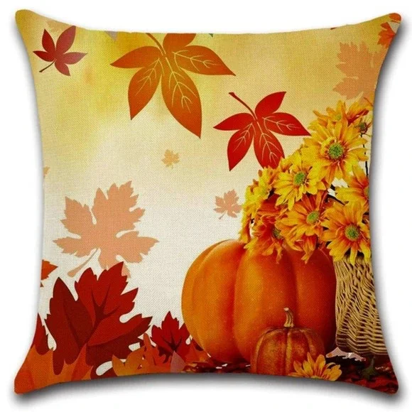 Pumpkin/Autumn Leaves Linen Throw Pillowcase‎ NWOT