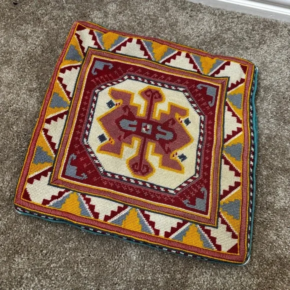 Vintage Handmade Needlepoint Geometric Tribal Pillow Cover Teal Velvet 13x13