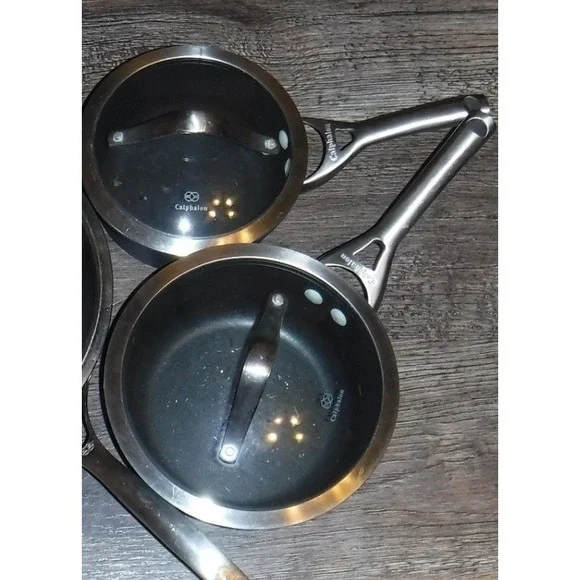 Calphalon Sauce Pan Set 2.5 Qt & Small Pot Gray Nonstick Good Condition Lids