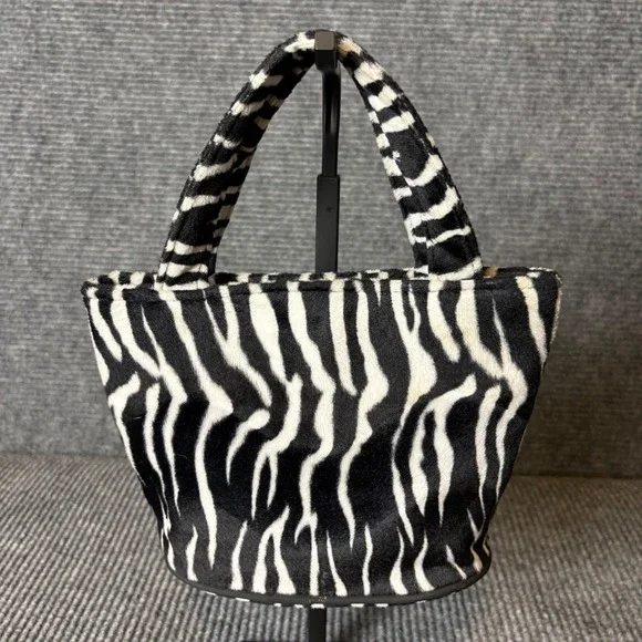 Giannini Zebra Print Faux Fur Mini Tote Bag Y2K Plush Handbag Black White