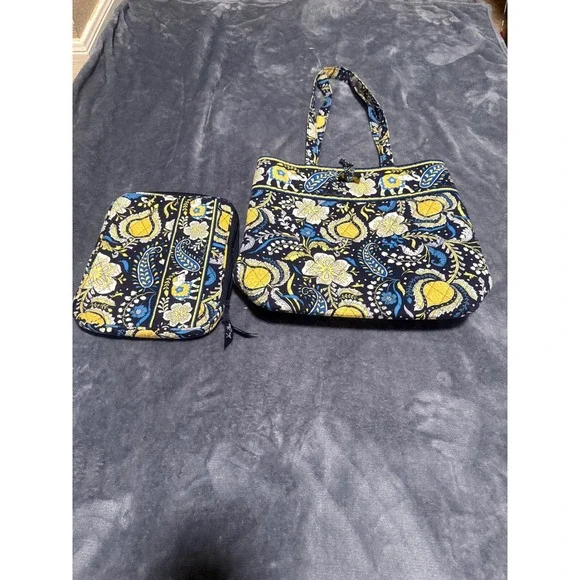 Vera Bradley Elephant Paisley Quilted Tote Bag and Tablet Pouch Set Navy Yellow