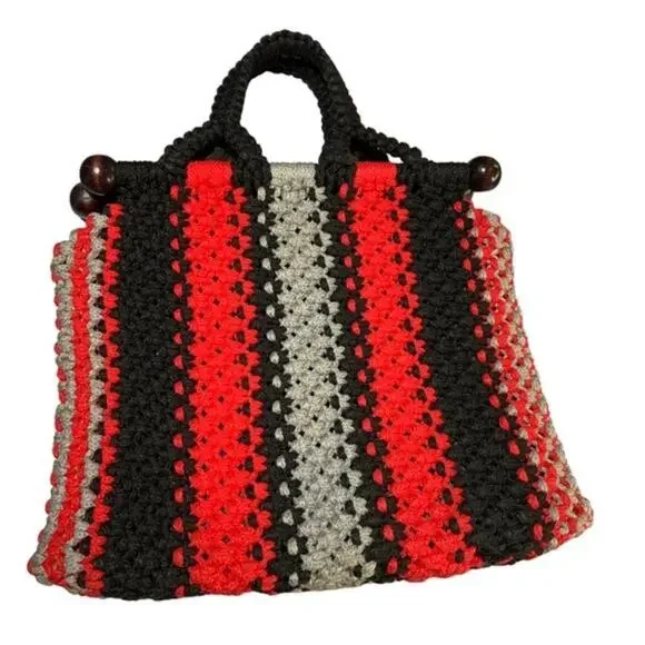 Crochet Red Black Gray Purse Handbag with Dark Wood Embellishments. Handmade