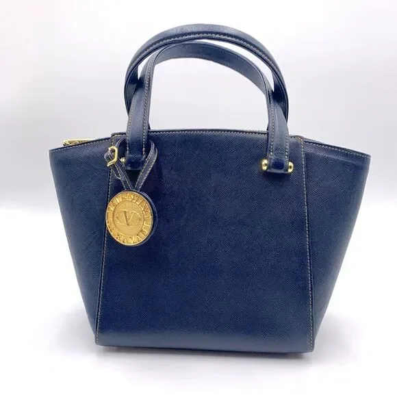 Valentino Garavani Sml Vtg Navy Leather Trapeze Tote Bag Preloved Handbag Small