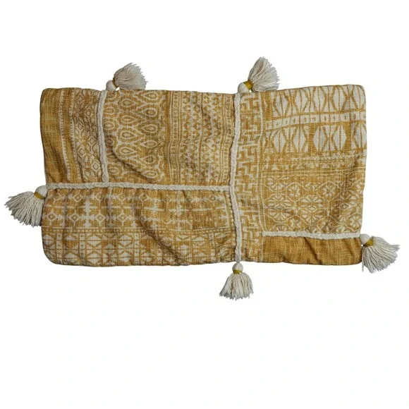 Boho Tassel Cotton Lumbar Pillow Cover Yellow Cream Textured 24x13 Desert Chic