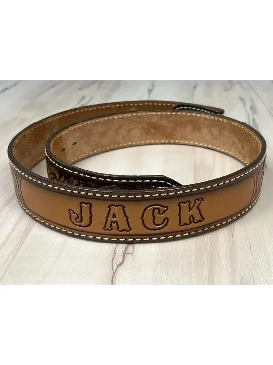 VTG Sz 35 Brown Hand Tooled Leather Western Belt Personalized JACK 1.5