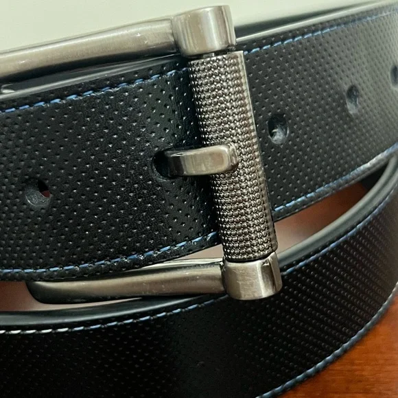 Robert Graham Men's Designer Leather Belt blue stitching silver buckle