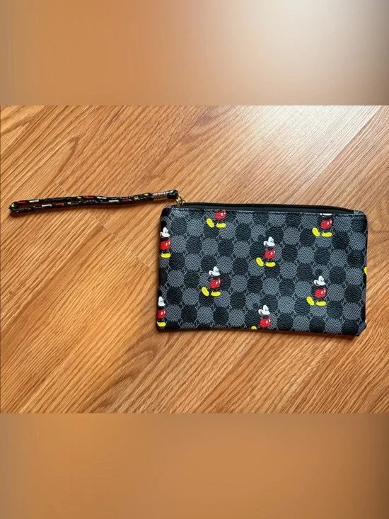 Mickey Print Checkered Wristlet Wallet - Black with Red & Yellow Accents