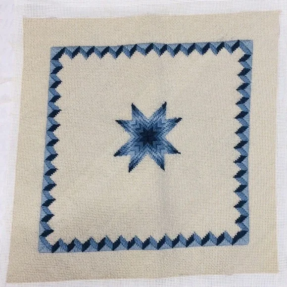 Handmade Needlepoint Pillow‎ Cover Blue Ivory Barn Star Grandmacore Cottagecore
