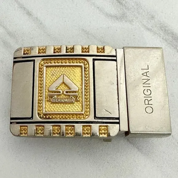 Sericaria Reversible Clamp On Belt Buckle Gold Tone Bead Dot Border Logo ✨