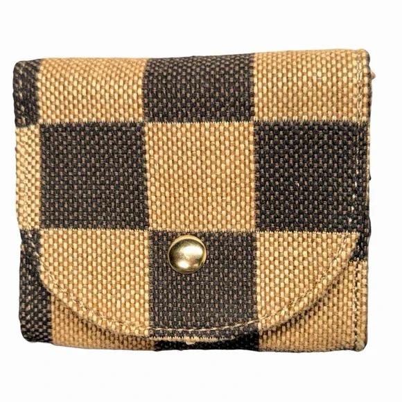 Woven Buffalo Plaid Coin Purse Wallet Snap Closure Black Tan Checkered Pouch