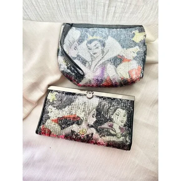 disney art of villains designer sequin makeup bag & wallet