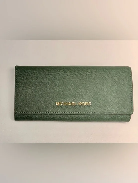 Michael Kors Dark Green Saffiano Leather Continental Wallet with Gold Logo
