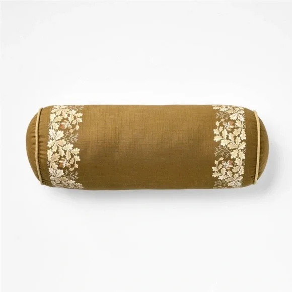 Olive Leaf Embroidered Bolster with Piping   7”x18” -Studio McGee