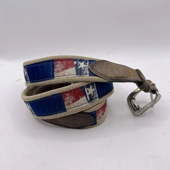 Vintage Brown Leather Belt Texas USA Flag America Blue Red Size 34