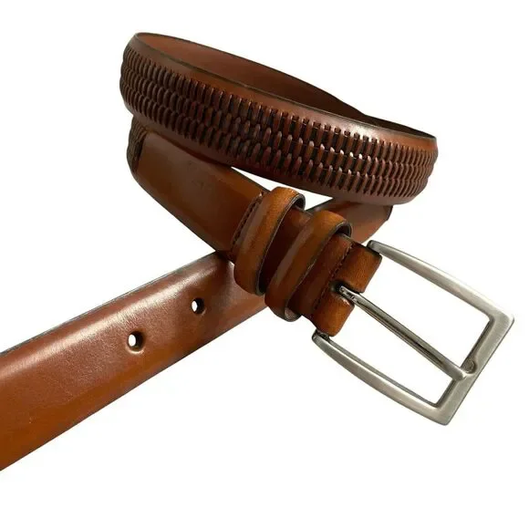Crookhorn Leather Belt 38 Brown Mens Basketweave Dress Silver Buckle 1.25