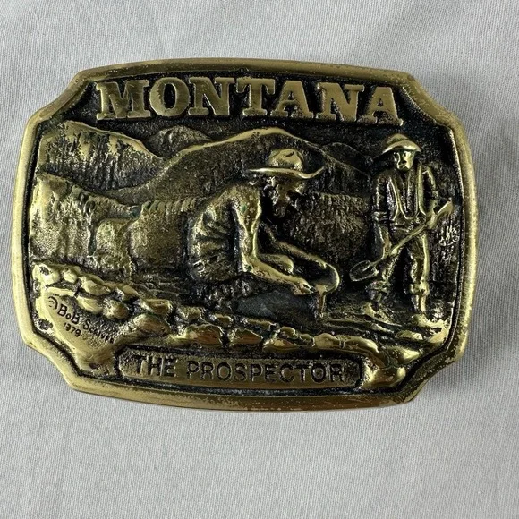 VTG Montana PROSPECTOR BELT  BUCKLE VINTAGE Solid Brass 1979 Bob Scriver