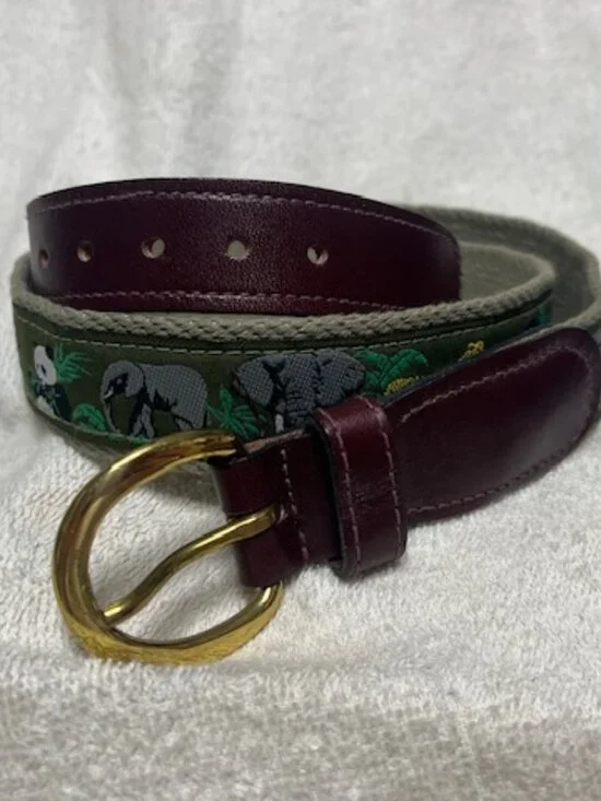 Safari Olive Green Ribbon Canvas Leather Belt Gorilla Panda Rhino CheetahSize:34