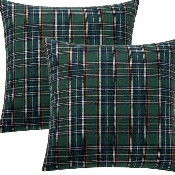PB RL Style Tartan Plaid Pillow Covers Euro 20” x 20” Navy Green Cozy Warm NWT
