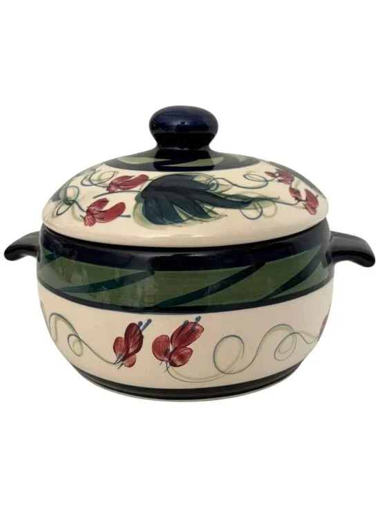 1988 Gail Pittman Green Grapevine Casserole Dish With Lid Hand Painted Signed
