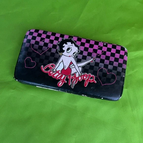 Betty Boop Vintage Hinged Wallet Pink Black Checkered Hearts Long‎ Clutch Purse