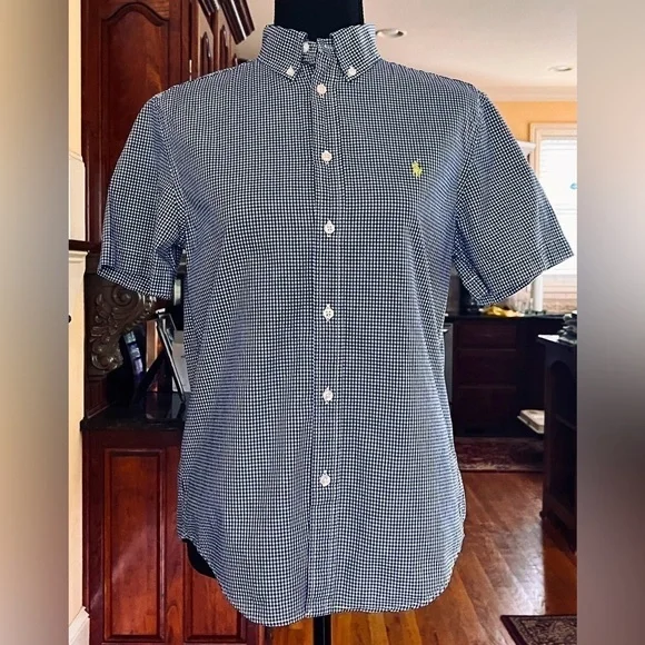 Ralph Lauren Navy White Check Button Down Shirt Size 14 16
