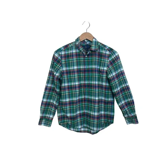 Ralph Lauren Boys L‎ 14-16 Green Plaid Performance Button Down Shirt Christmas