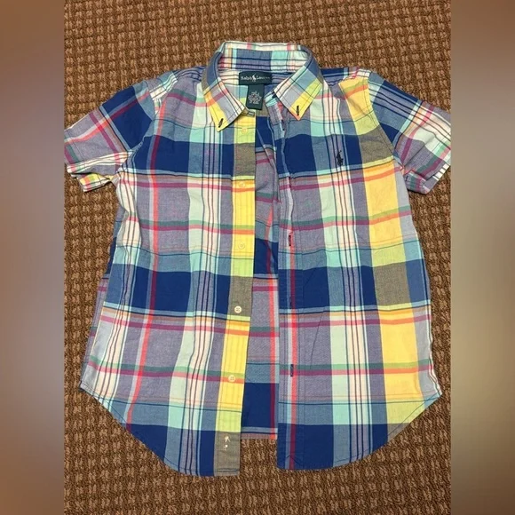Ralph Lauren Blue and Yellow Plaid Shirt Boys sz7 Summer Vacation Wear
