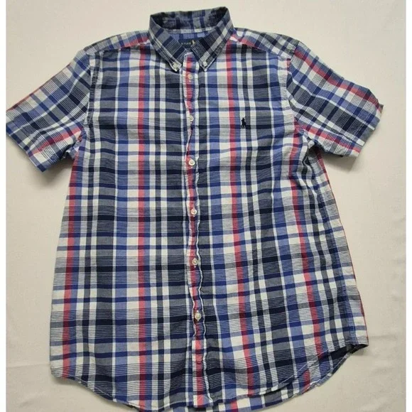 Ralph Lauren‎ boy's blues/red plaid short sleeve button up shirt sz XL (18-20)