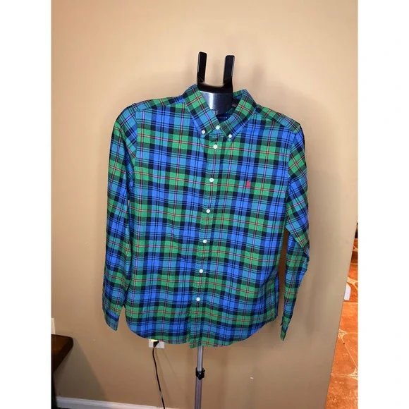 Ralph Lauren Boys XL 18-20 Green Blue Plaid Cotton Button Down Shirt Long Sleeve