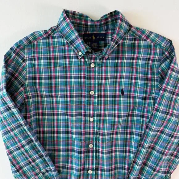 Ralph Lauren BOYS Long Sleeve Button Down Sz. L (14-16) Plaid Blue Pink Green
