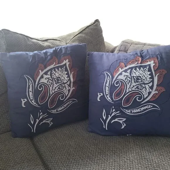 Modern Threads Pillows Embroidered Cotton Linen Accent 18 Inches‎ Set of Two