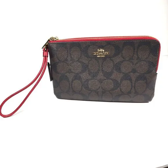 Coach Signature Double Zip Wristlet Wallet Brown Canvas Red Trim Leather
