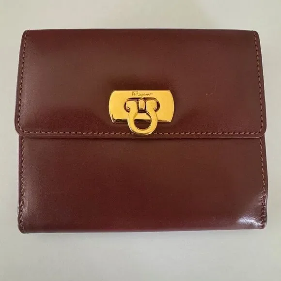 Salvatore Ferragamo Brown Leather Vintage Bi-Fold Wallet w/ Gancini Closure