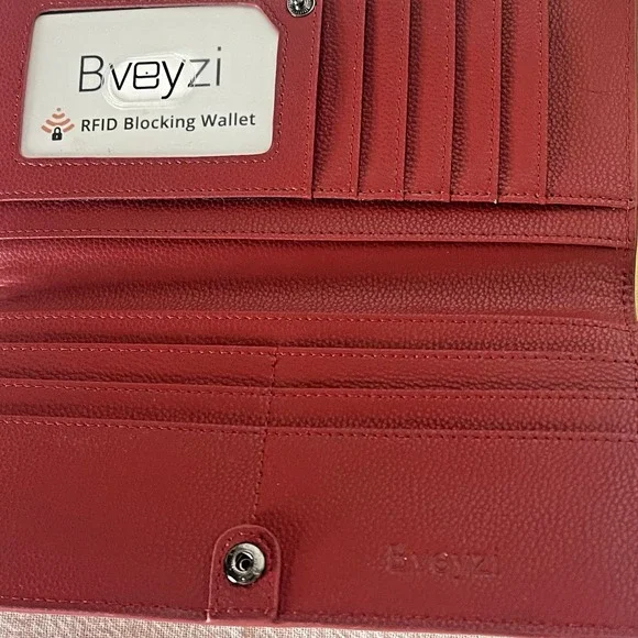 BVEYZI Red Leather RFID Protection‎ Wallet – Card Slots, ID Window, Coin Pocket