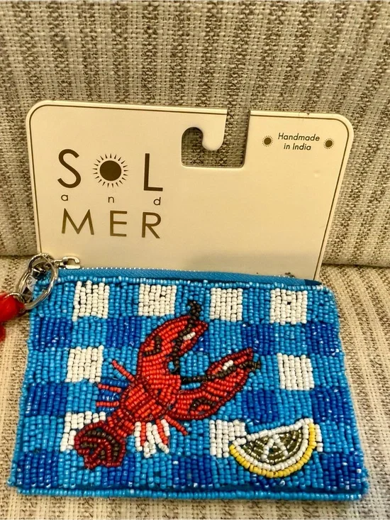 Sol and Mer Beaded Lobster Coin Pouch - Blue, Red, White