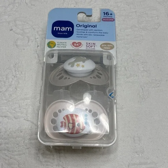 MAM Original 2-Pk Tan Fish Seal BPA Free Pacifiers W/ Case{16+Months}