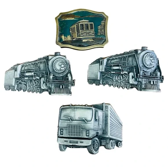Vtg Lot 4 Indiana Metal Craft Belt Buckle Mens Train Engine Semi Truck Cable Car