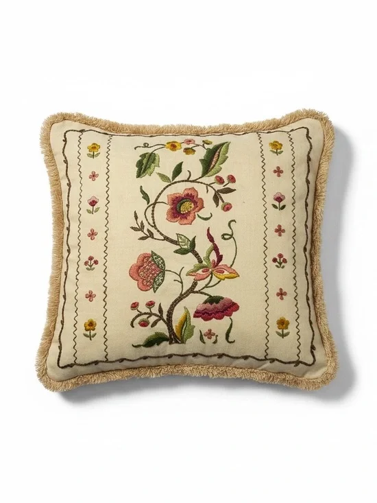 Vintage Crewel Embroidered Small Pillow Case 13X13 Fringe Square Home Decor