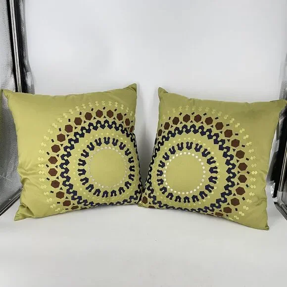 Set of 2 Pier 1 Throw Pillow 15x15 Green Medallion Embroidered Boho Accent