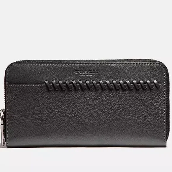 Coach Baseball Stitch Accordion Zip Wallet Black Smooth Calf Leather Unisex